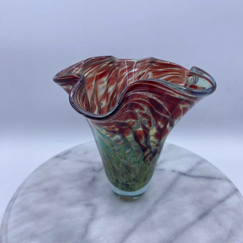 Vintage Artist Signed Studio Abstract Art Glass 1998 Handblown Ruffled Vase 7.5
